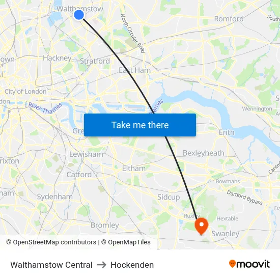 Walthamstow Central to Hockenden map