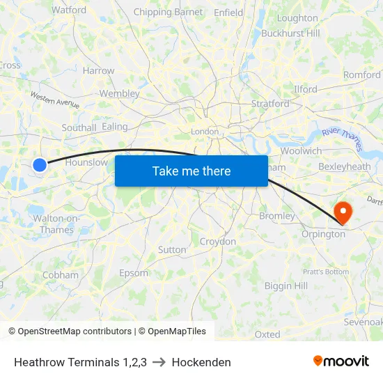 Heathrow Terminals 1,2,3 to Hockenden map