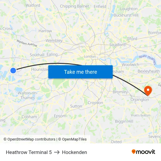Heathrow Terminal 5 to Hockenden map