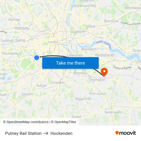 Putney Rail Station to Hockenden map