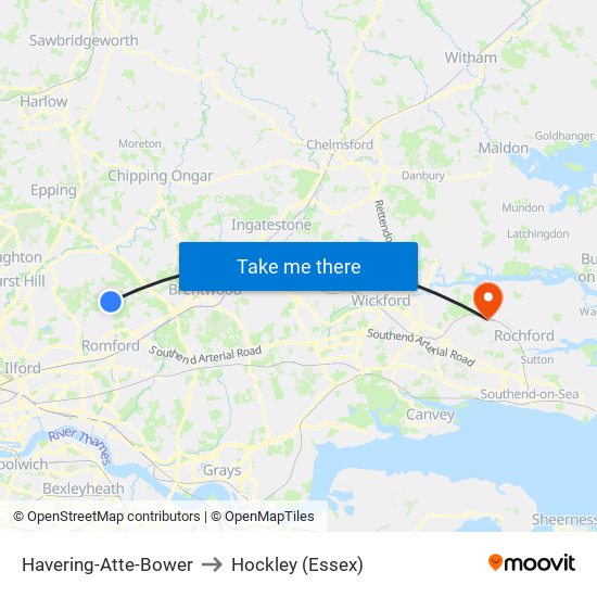 Havering-Atte-Bower to Hockley (Essex) map