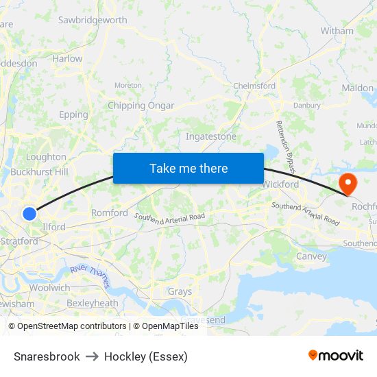 Snaresbrook to Hockley (Essex) map