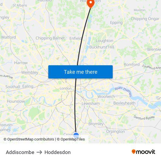 Addiscombe to Hoddesdon map