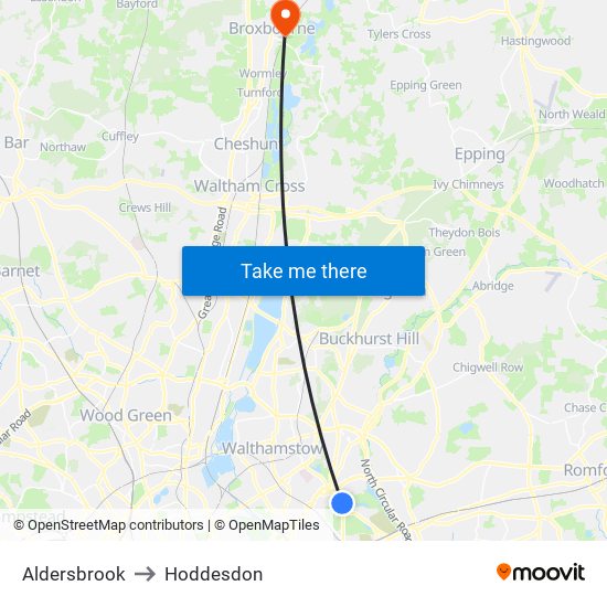 Aldersbrook to Hoddesdon map