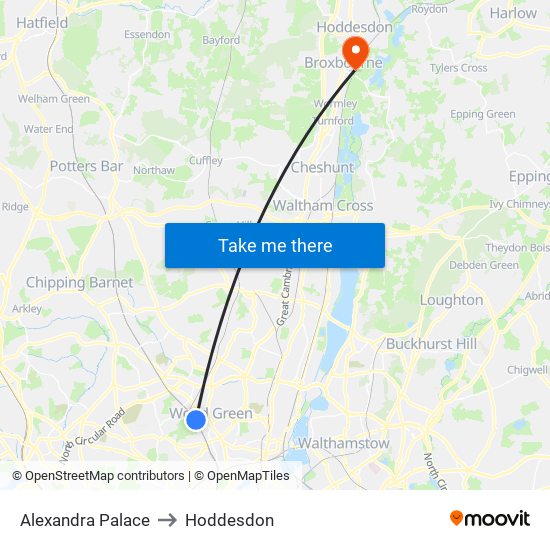 Alexandra Palace to Hoddesdon map