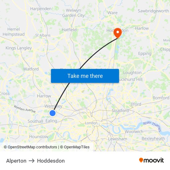 Alperton to Hoddesdon map