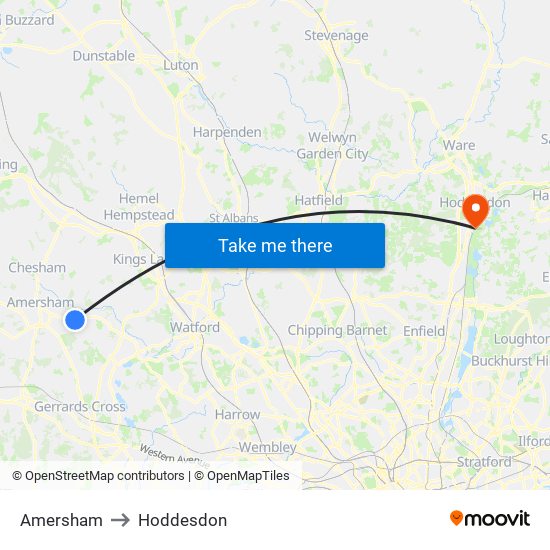 Amersham to Hoddesdon map