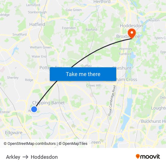 Arkley to Hoddesdon map