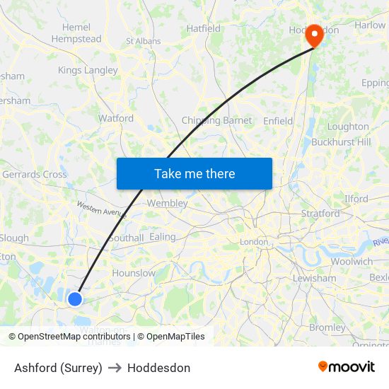 Ashford (Surrey) to Hoddesdon map