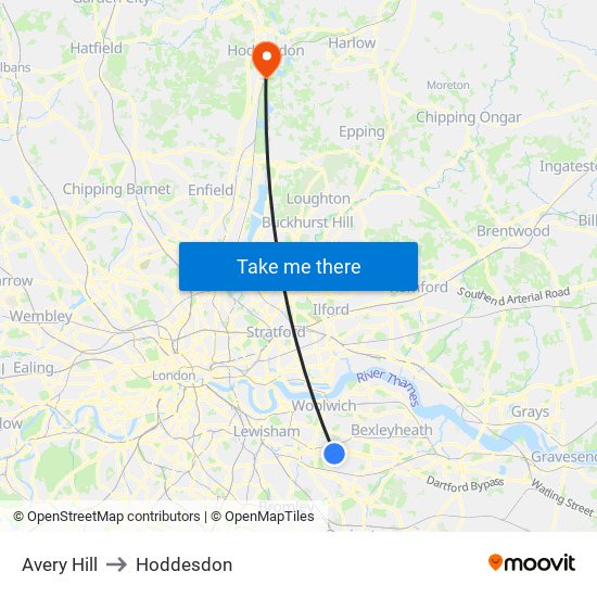 Avery Hill to Hoddesdon map