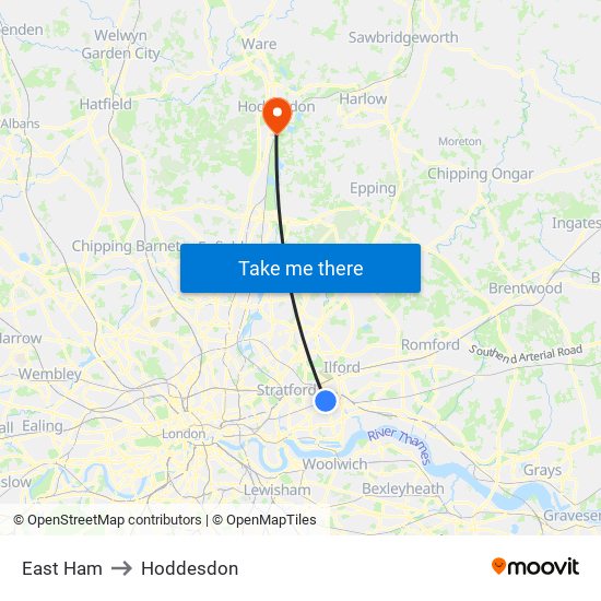 East Ham to Hoddesdon map