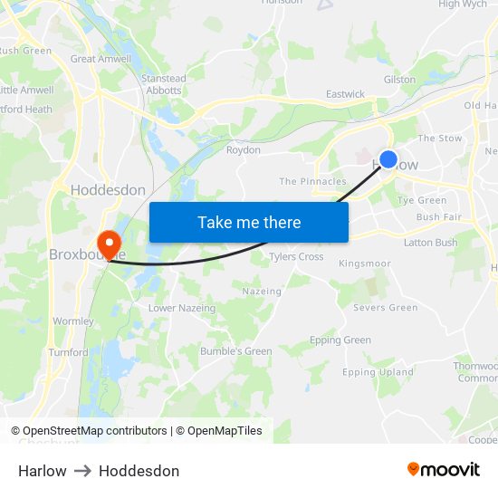 Harlow to Hoddesdon map