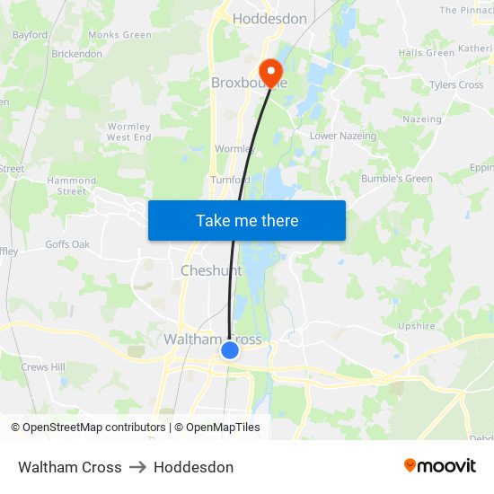 Waltham Cross to Hoddesdon map