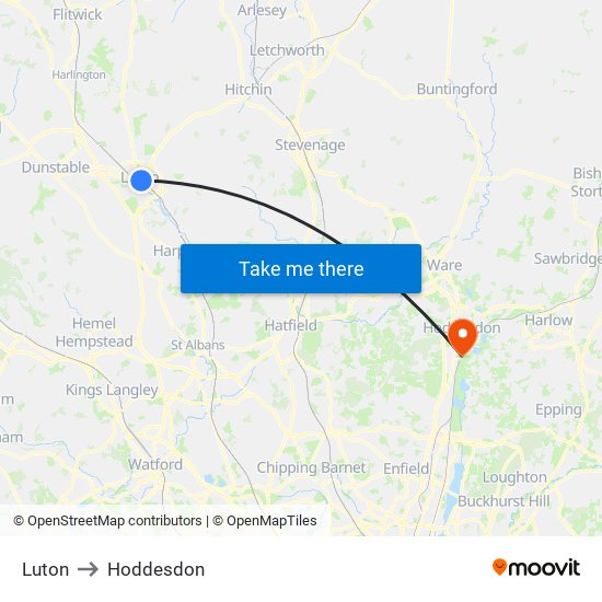 Luton to Hoddesdon map