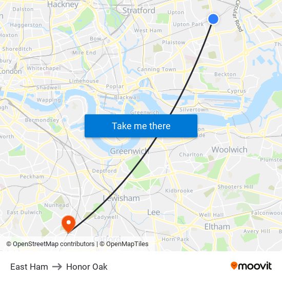 East Ham to Honor Oak map