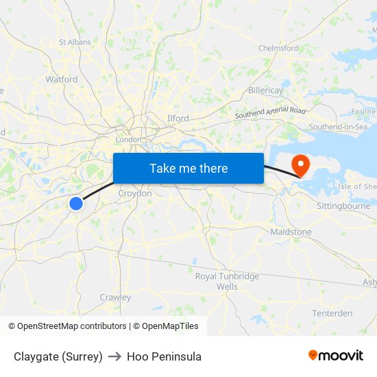 Claygate (Surrey) to Hoo Peninsula map