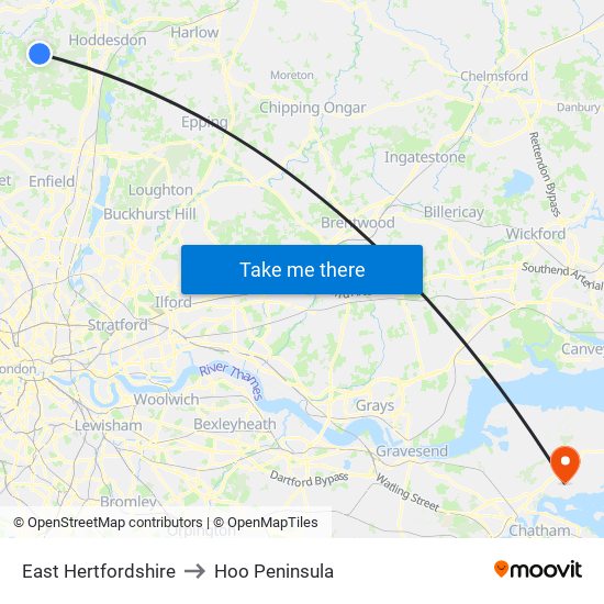 East Hertfordshire to Hoo Peninsula map