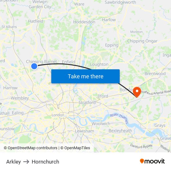 Arkley to Hornchurch map