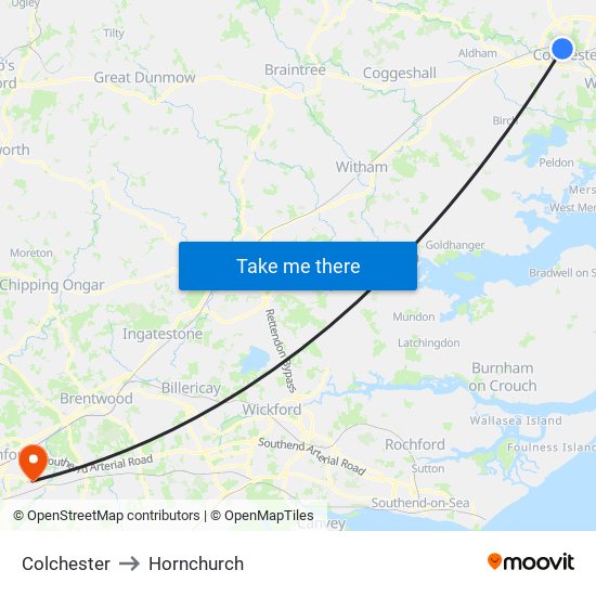 Colchester to Hornchurch map