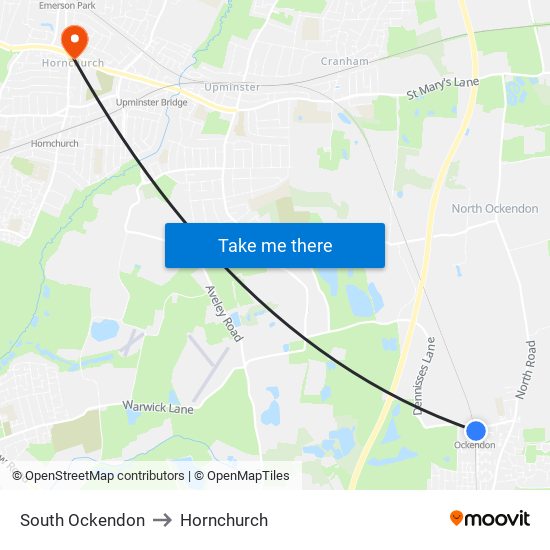 South Ockendon to Hornchurch map