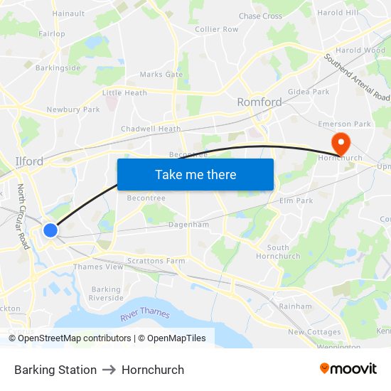 Barking Station to Hornchurch map