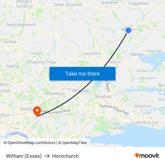 Witham (Essex) to Hornchurch map