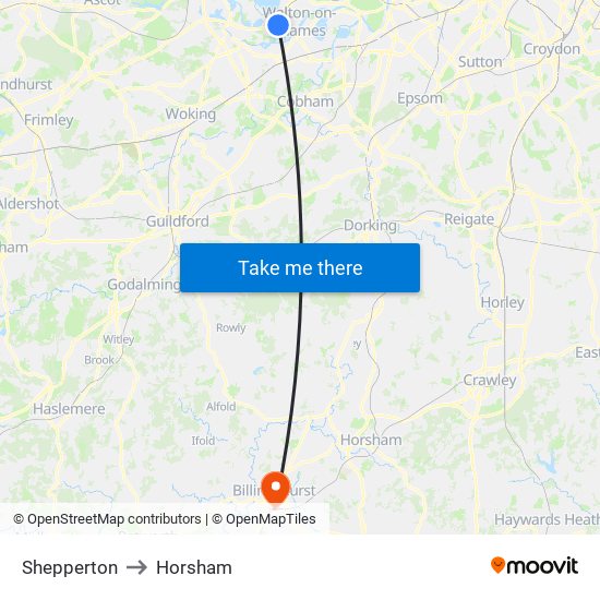 Shepperton to Horsham map