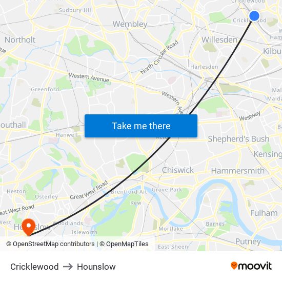 Cricklewood to Hounslow map