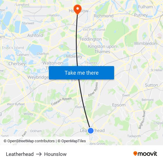 Leatherhead to Hounslow map