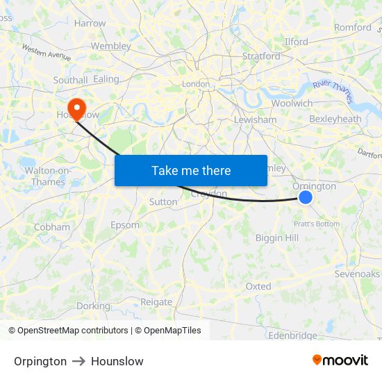 Orpington to Hounslow map