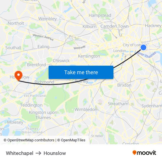 Whitechapel to Hounslow map