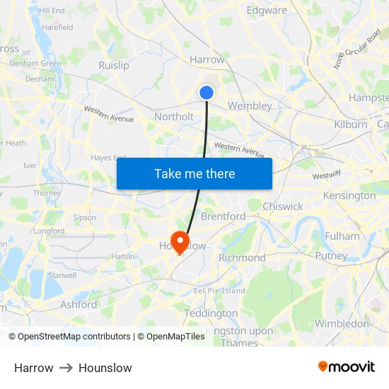 Harrow to Hounslow map