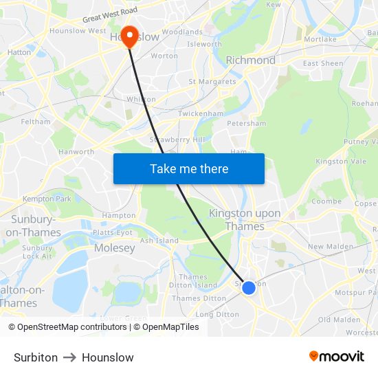 Surbiton to Hounslow map