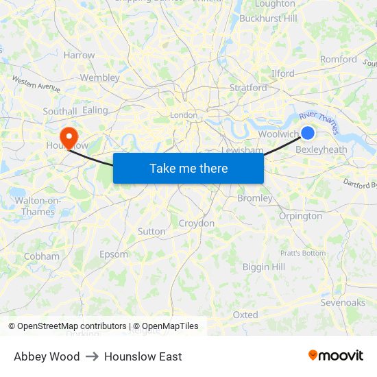 Abbey Wood to Hounslow East map