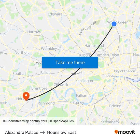 Alexandra Palace to Hounslow East map