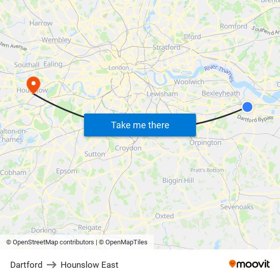 Dartford to Hounslow East map