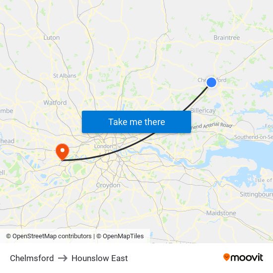 Chelmsford to Hounslow East map