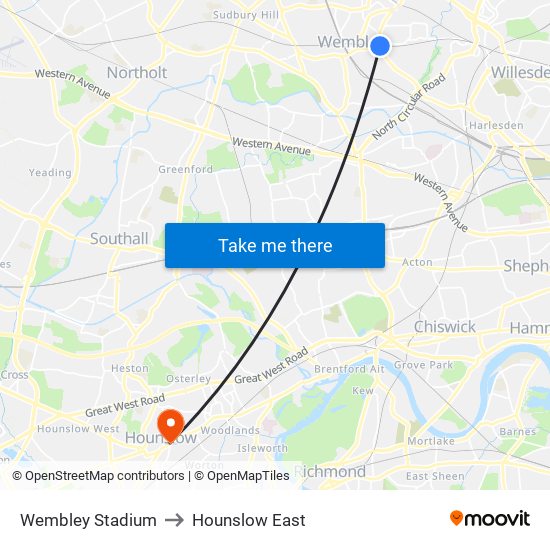 Wembley Stadium to Hounslow East map