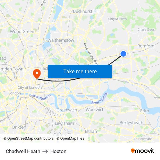 Chadwell Heath to Hoxton map