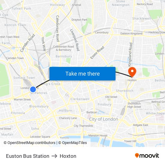Euston Bus Station to Hoxton map