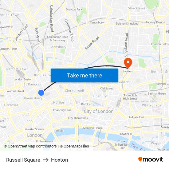 Russell Square to Hoxton map