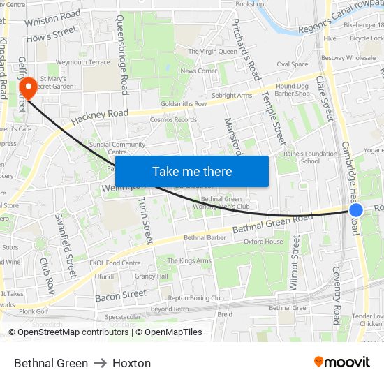 Bethnal Green to Hoxton map
