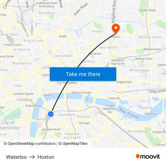 Waterloo to Hoxton map