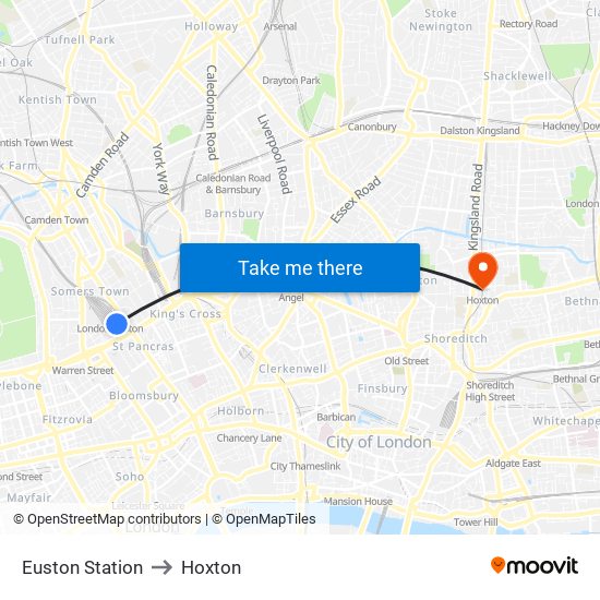 Euston Station to Hoxton map