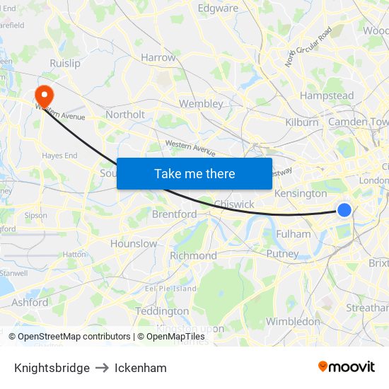 Knightsbridge to Ickenham map