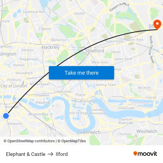 Elephant & Castle to Ilford map