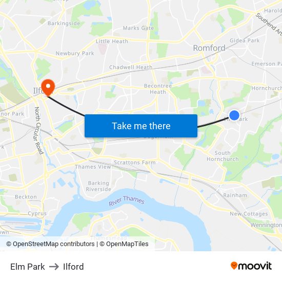 Elm Park to Ilford map