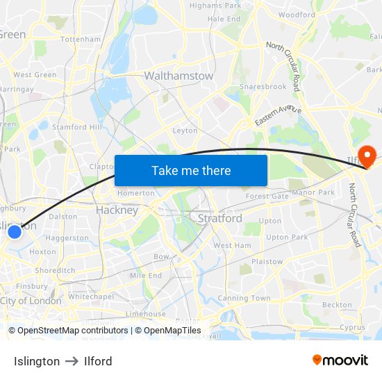 Islington to Ilford map