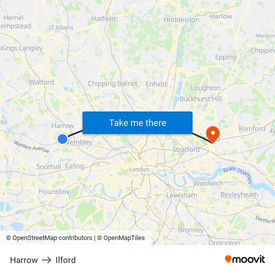 Harrow to Ilford map