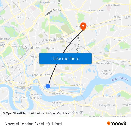 Novotel London Excel to Ilford map